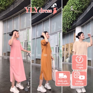 Váy thun tăm suông xẻ tà chất co giãn dáng suông - Váy đầm nữ dáng suông cộc tay freesize phom rộng C64