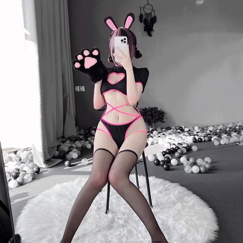 LL2498 Bodysuit Dây Neon Hồng Nổi Bật - Phong Cách Thỏ Dễ Thương - Sexy Cosplay
