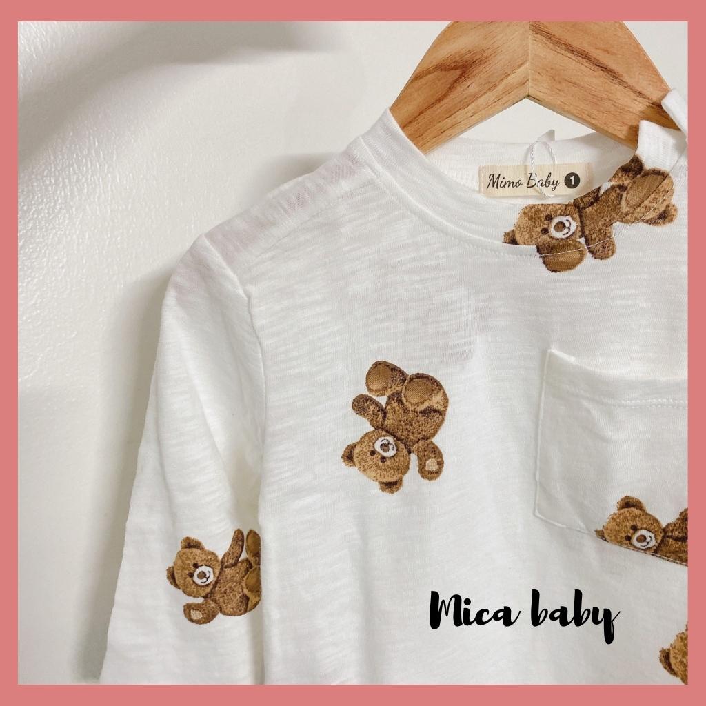 Áo phông dài tay thu đông cho bé chất cotton in hình gấu QA49, áo thun phối túi ngực cho bé Mica Baby