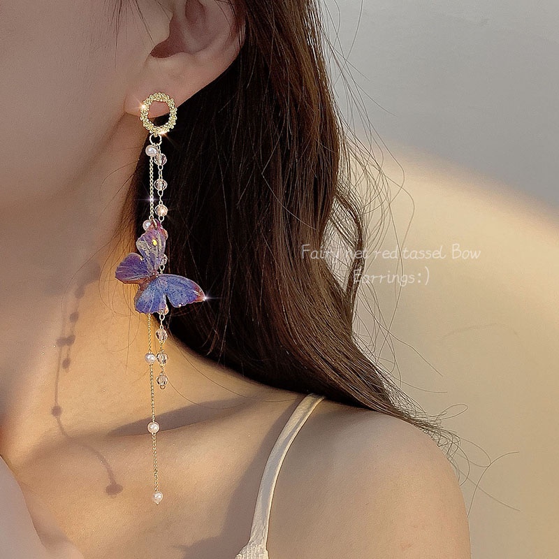 Bông Tai Dài Tua Rua Hình Bướm Đính Đá Xanh Dương Thời Trang Mùa Hè Cho Nữ
