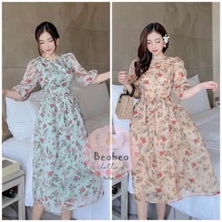 [Ảnh thật] Đầm midi voan hoa nhí tay phồng thắt nơ vintage