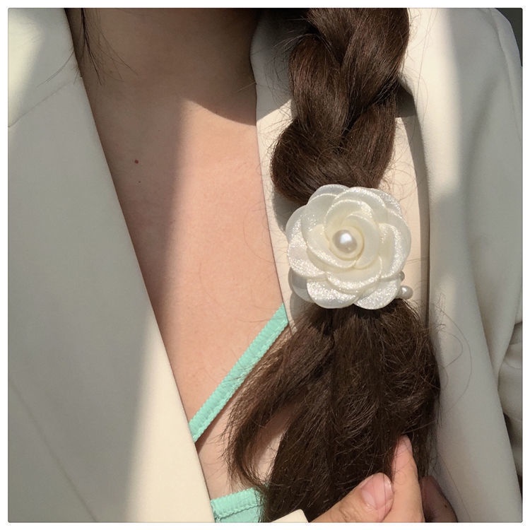 Dây buộc tóc hình bông hoa đính ngọc trai giả thời trang xinh xắn cho nữ