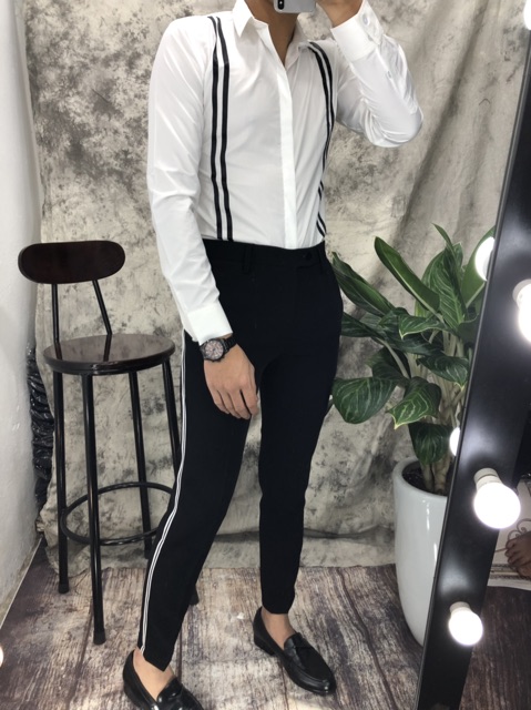Quần Âu Hàn Quần Âu Nam Đen Kẻ Trắng Dáng Ôm Ống Côn 2019