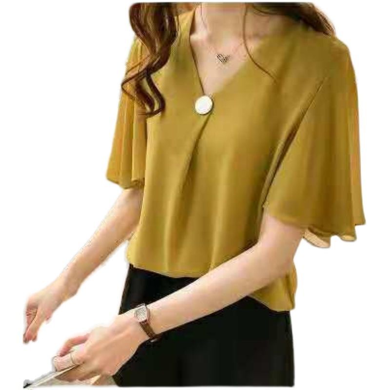 Áo Voan Ngắn Tay Thời Trang Xinh Xắn 156357 Áo Sơ Mi Tay Lá Sen Dáng Rộng Thiết Kế Đơn Giản Thời Trang