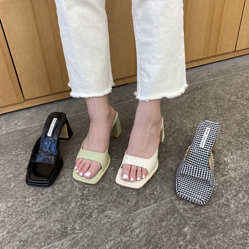 №۩◇Giày Sandal Cao Gót Mũi Vuông Đế Dày Họa Tiết Sọc Caro Màu Sắc Tương Phản Thời Trang Pháp Cho Nữ