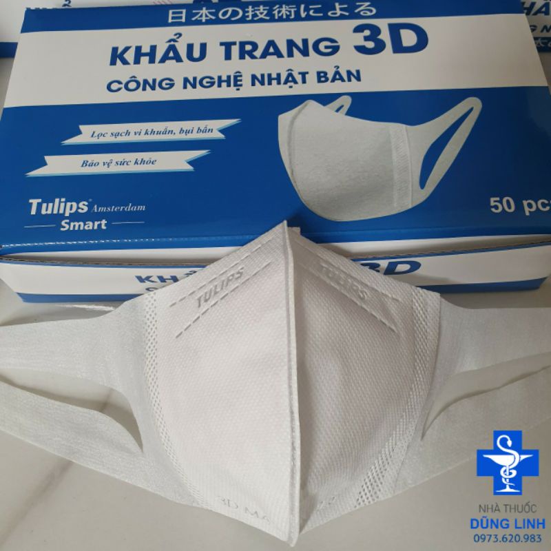 Khẩu trang(mặt nạ) 3d Tulips người lớn công nghệ nhật, quai xé k đau tai, hộp 50 cái