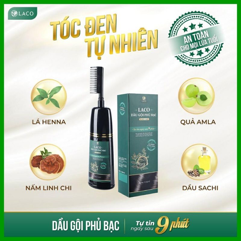 Dầu gội phủ bạc Laco, Dầu gội nhuộm tóc thảo dược an toàn tại nhà, tóc đen sau 9 phút - Hàng chính hãng