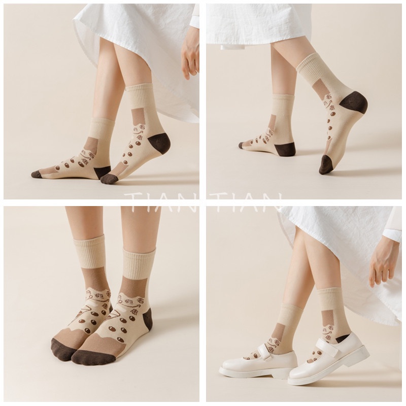 TIAN TIAN T142 Vớ Cotton Cổ Cao Vừa Tất In Họa Tiết Mặt Cười Hoạt Hình Phong Cách Hàn Quốc Thời Trang Thu Đông Cho Nữ