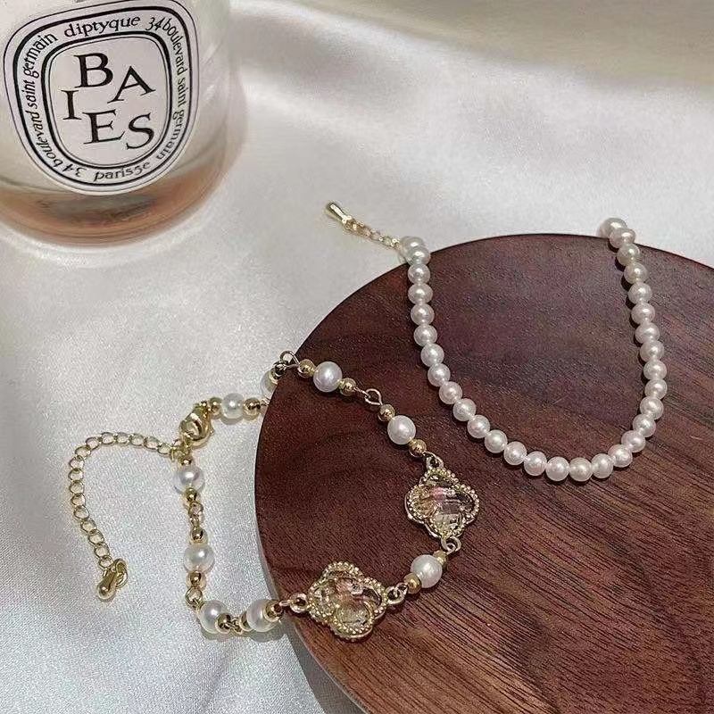 Vòng Đeo Tay Hai Lớp Bốn Lá Cỏ Bốn Lá Đính Ngọc Trai Phong Cách Nhật Bản Cổ Điển Thanh Lịch Đơn Giản