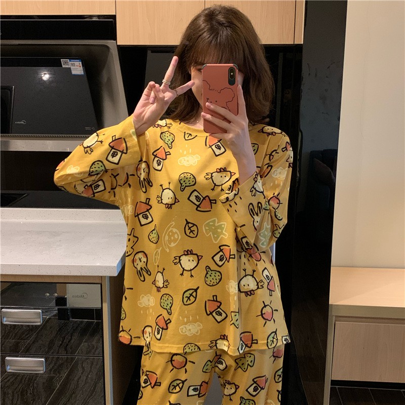 Set đồ ngủ ulzzang vải thun họa tiết gà con DN030 (có ảnh thật)