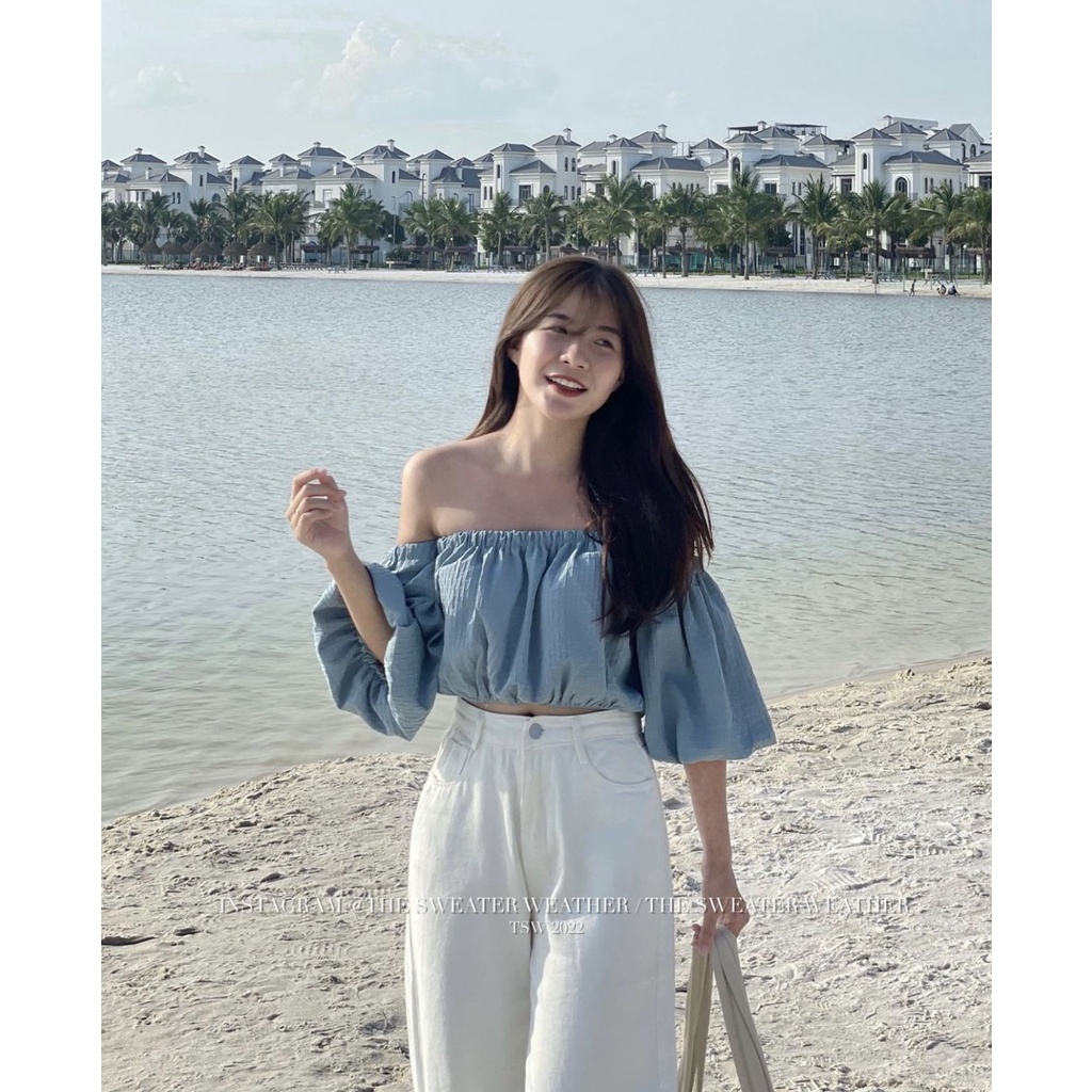 Áo trễ vai xốp tay siêu bồng croptop Hàn Quốc