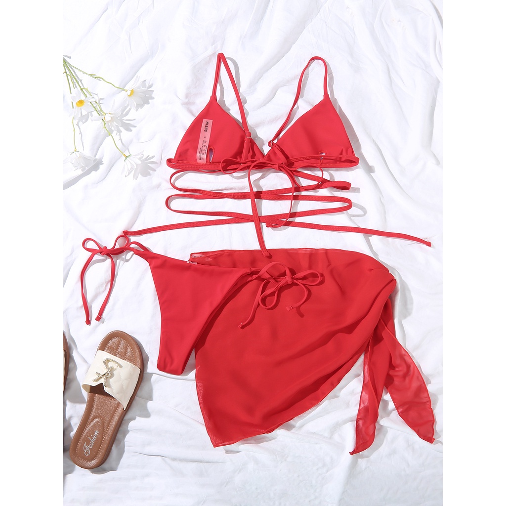 Bộ Đồ Bơi Bikini 3 Món Màu Đen Có Đệm Ngực Gợi Cảm Cho Nữ H338