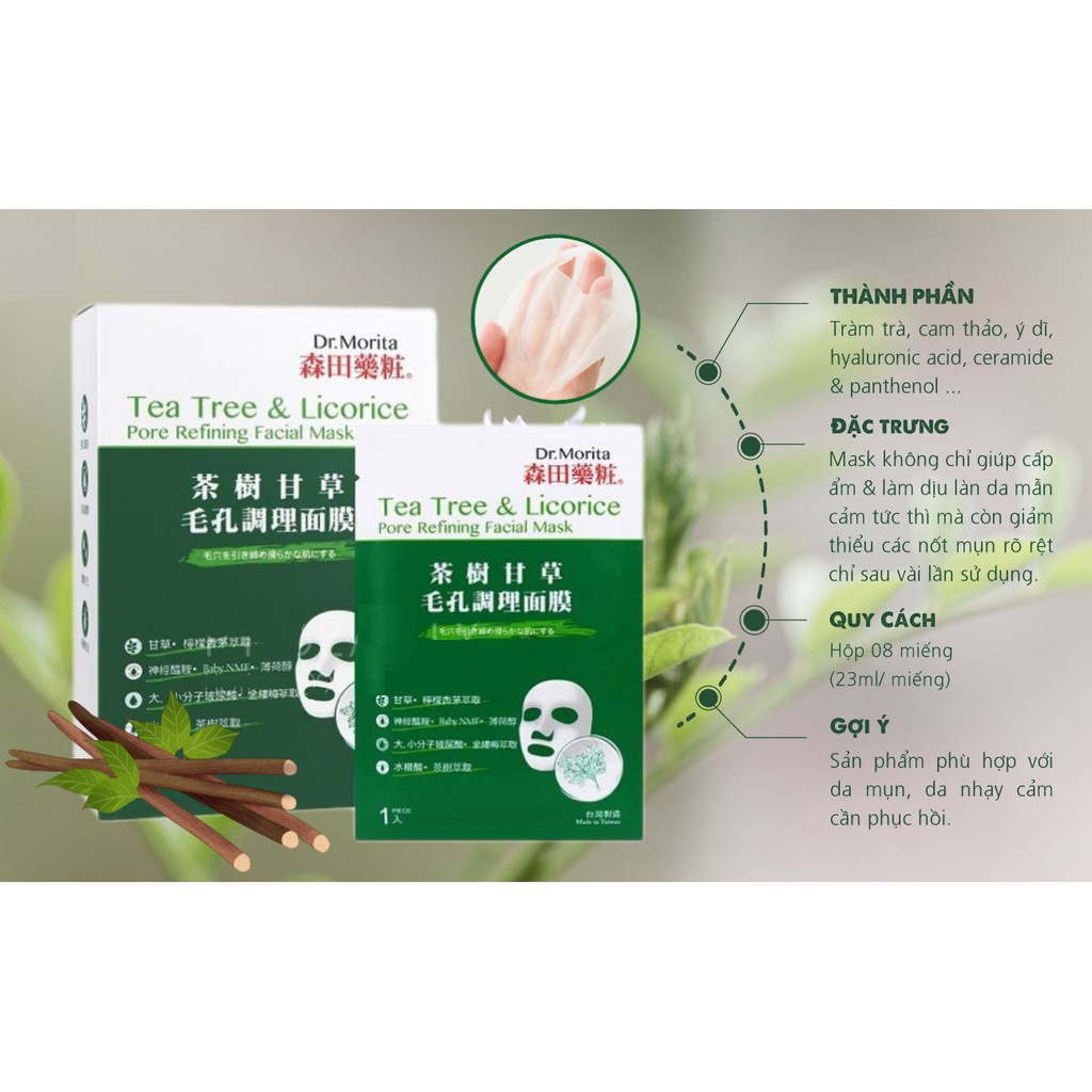 Combo 5 Mặt Nạ giảm Mụn Chiết Xuất Tràm Trà & Cam Thảo Dr. Morita Tea Tree & Licorice Pore Refining Facial Mask 30g x 5
