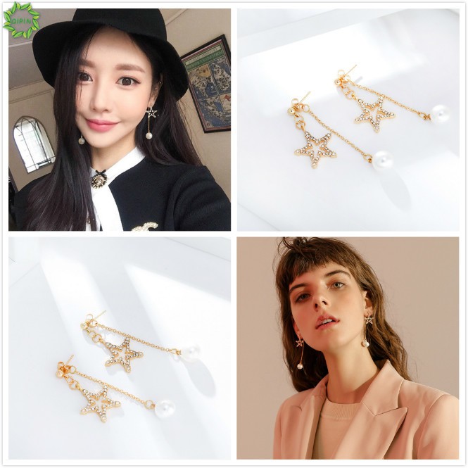 Cặp khuyên tai dáng dài hình sao có đính đá phối ngọc nhân tạo dễ thương cho nữ