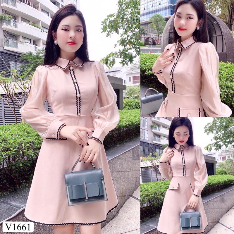 ⚡️BÁN SỈ⚡️Đầm thiết kế màu hồng pastel chạy viền đen