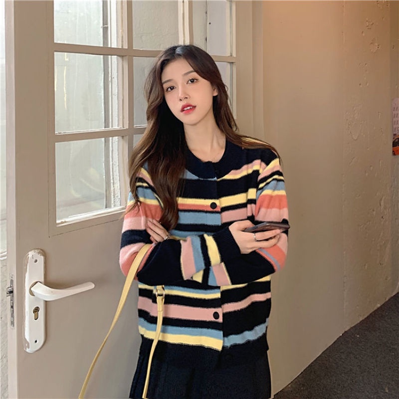 Áo Cardigan Dệt Kim Mỏng Kẻ Sọc Cầu Vồng Phong Cách Thời Trang Pháp Mới Dành Cho Nữ