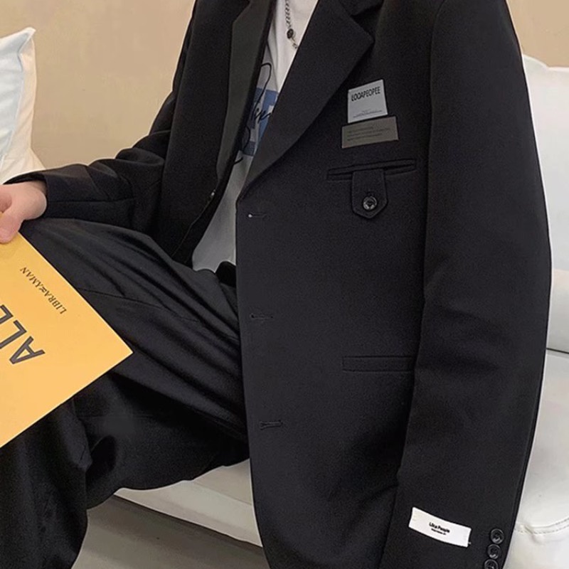 ♞AFF LIGA♞ Áo khoác blazer tay dài dáng rộng màu trơn phong cách Hàn Quốc cho nam