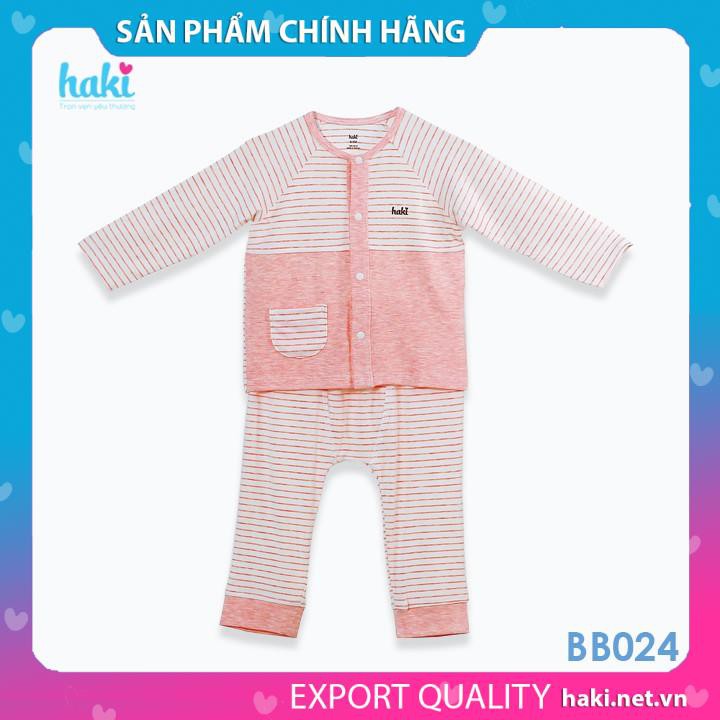 Bộ quần áo dài tay cài giữa, túi tròn cho bé vải sợi tre cao cấp Haki BB024