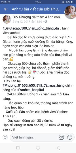 Viên uống trắng da Glutacap 500 bệnh viện yanhee