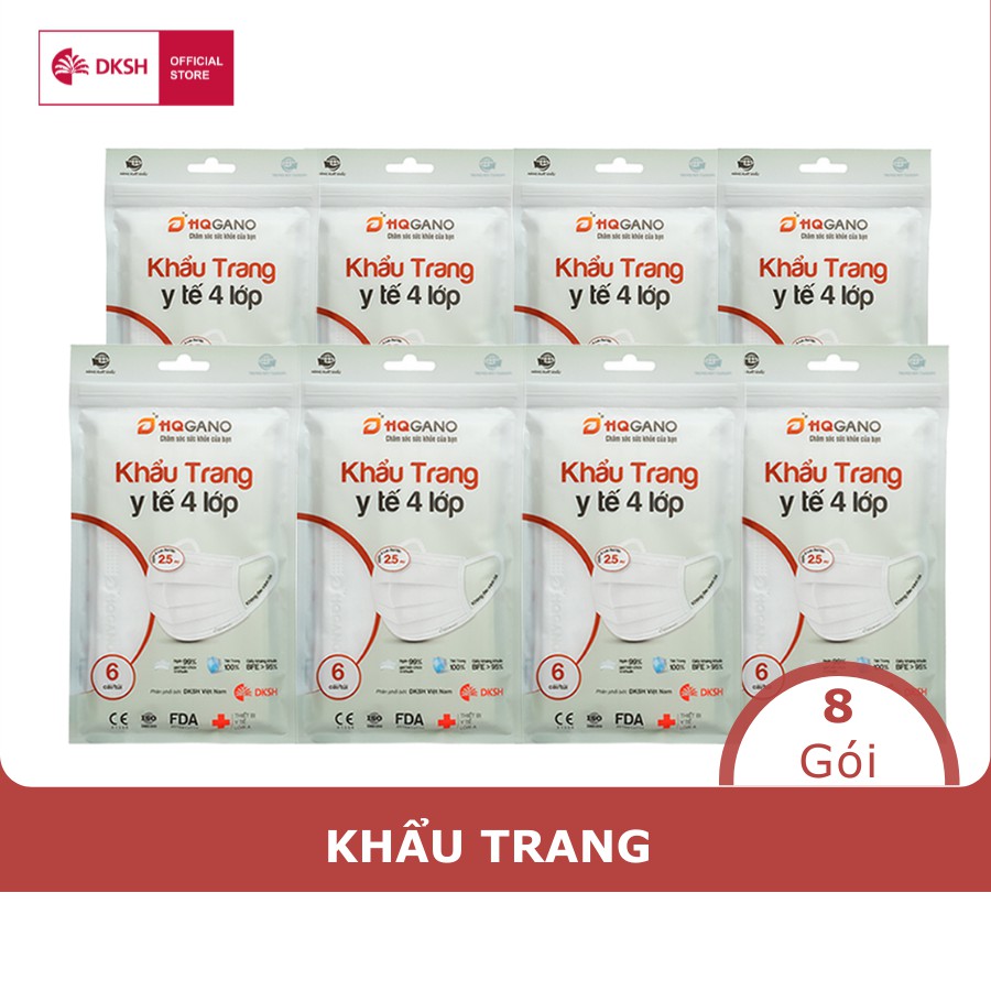 Combo 8 Gói khẩu trang y tế quai 3D mới 4 lớp HQGANO  kháng khuẩn, đạt chuẩn xuất khẩu, không mùi, chất liệu cực mềm mại