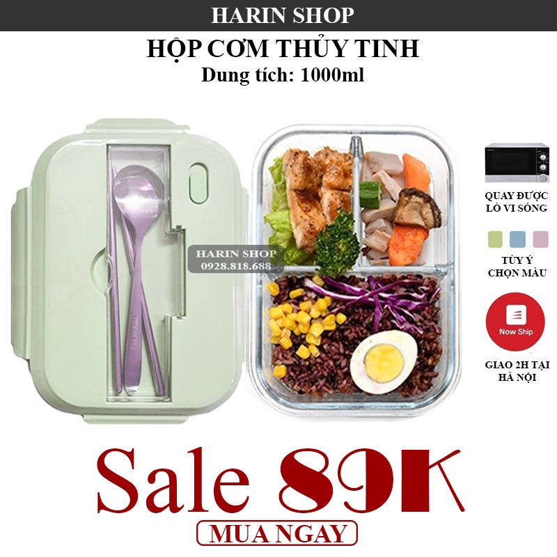 Hộp Cơm Văn Phòng - Hộp Thủy Tinh Chịu Nhiệt 3 Ngăn Dùng Được Trong Lò Vi Sóng 1000ml