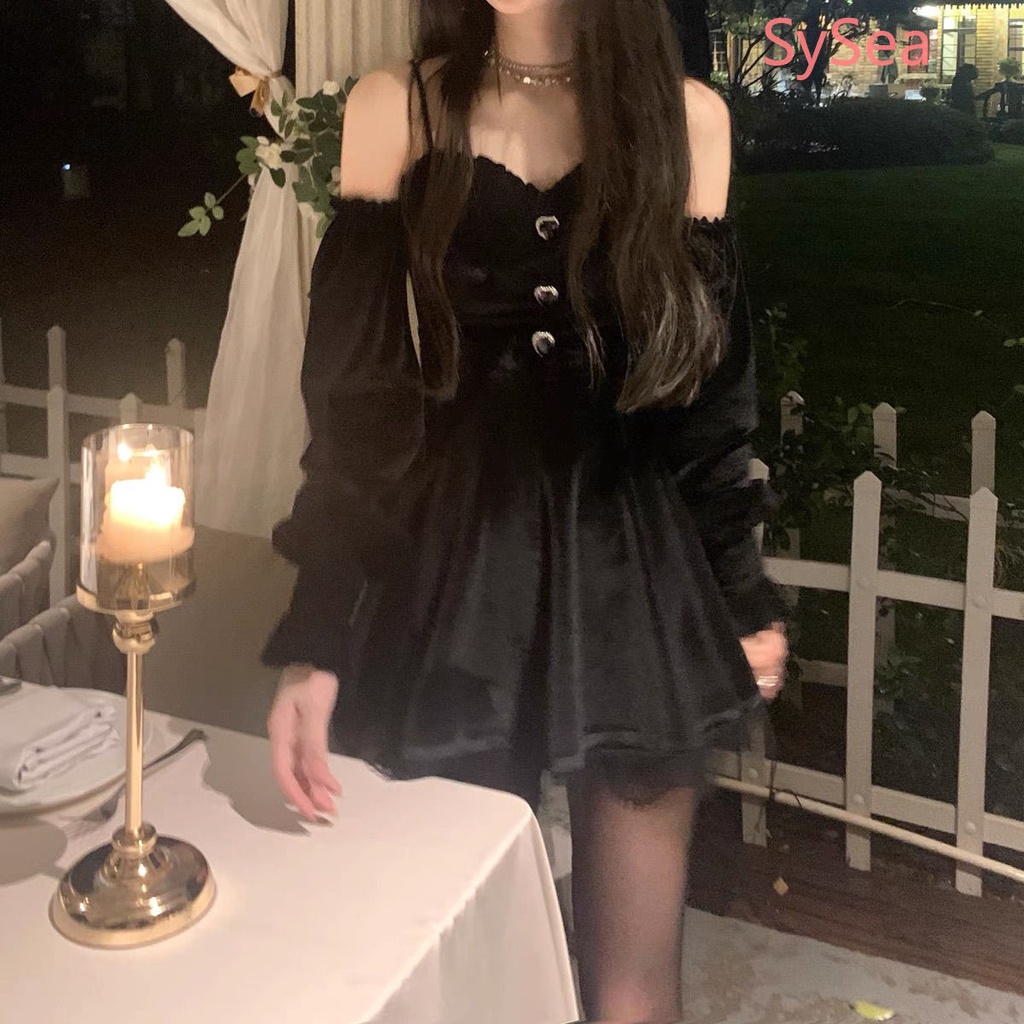 Đầm nhung đen dáng chữ A trễ vai tay dài thời trang mùa hè cho nữ