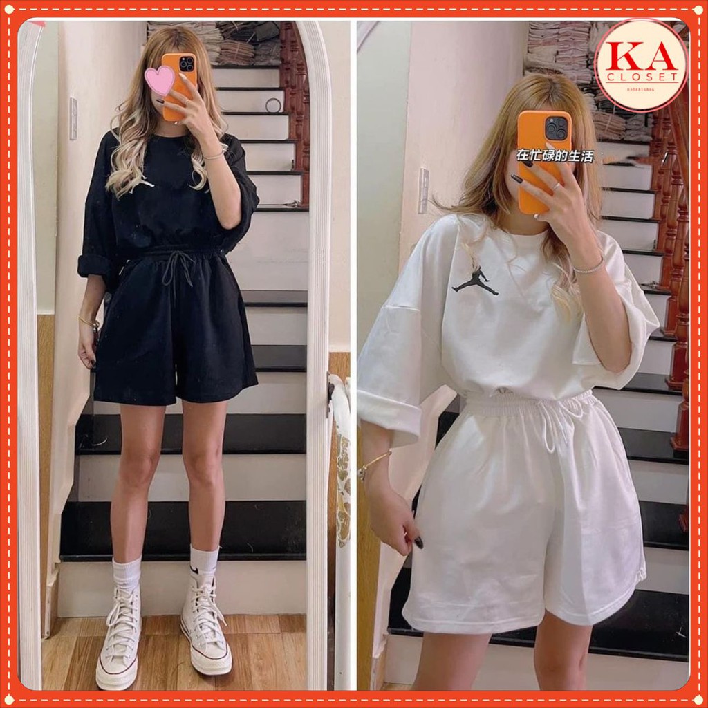 Set bộ đùi hình người KA Closet chất vải su cotton mềm mịn thấm hút mồ hôi, from rộng, cạp luồn dây rút, áo xẻ tà