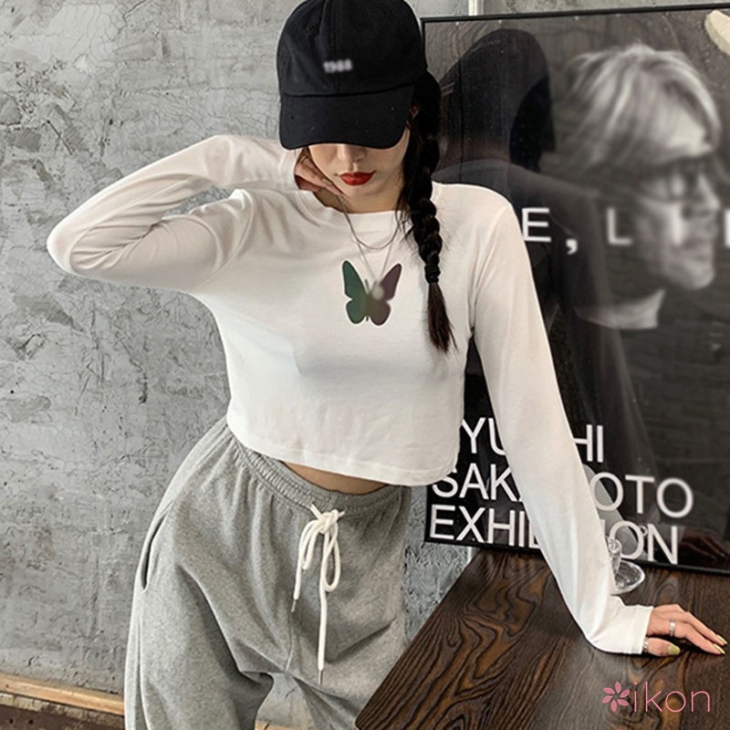 Áo Tay Dài Dáng Ôm In Hình Bướm Phản Quang Thời Trang Mùa Thu Cho Nữ