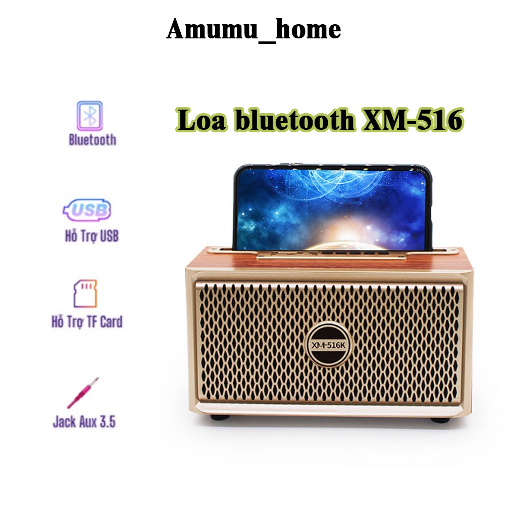 Loa Bluetooth XM-516 thùng gỗ bass hay , thiết kế sang trọng , có giá để điện thoại hỗ trợ TF,USB,AUX tặng kèm mic hát