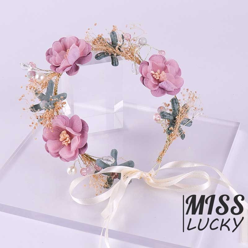 Vòng hoa vải trang trí ngọc trai giả phong cách bohemian cho cô dâu