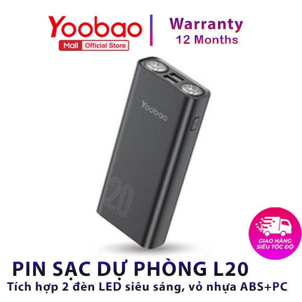[Sạc nhanh] Pin sạc dự phòng sạc nhanh Yoobao L20Q 20000mAh tích hợp 2 đèn LED siêu sáng