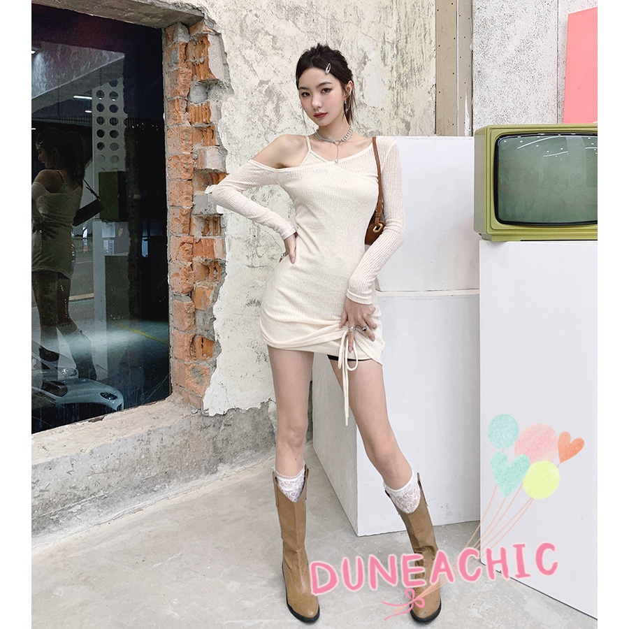 DUNEA Đầm Dài Tay Màu Trơn Thiết Kế Lệch Tà Thời Trang Đường Phố Cho Nữ