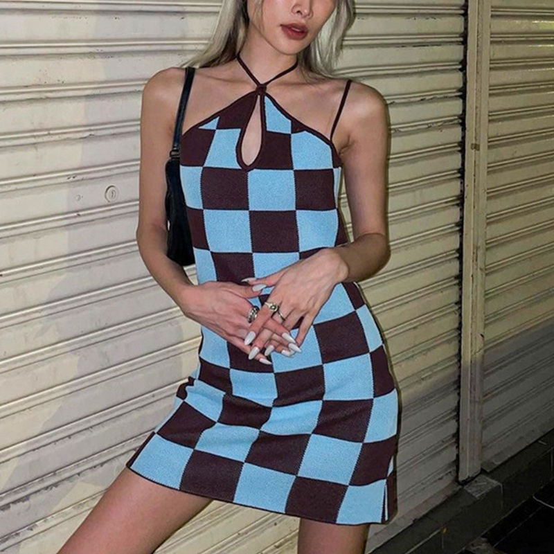 Brroa Đầm Hai Dây Mini Ôm Dáng Họa Tiết Kẻ Ô Vuông Màu Khối Cổ Điển Gợi Cảm Đi Tiệc Clubwe Cho Nữ