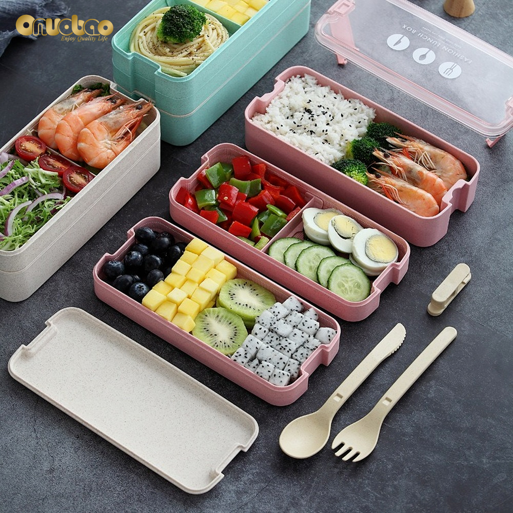 Hộp cơm ONUOBAO nhiều lớp đóng kín bằng nhựa PP rơm lúa mì 800ml/ 1000ml dùng được trong lò vi sóng