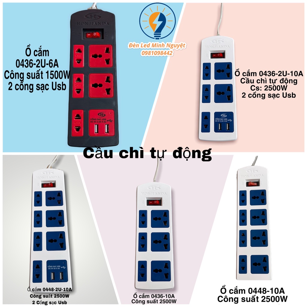 Ổ Cắm Điện Đa Năng Honjianda Mã 04 6A/10A Có USB Dây 3m/5m