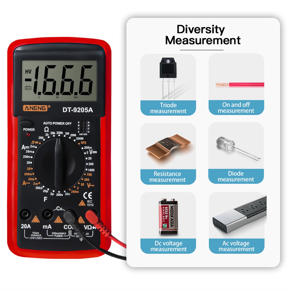 DT9205A Portable LED Digital Multimeter AC/DC Resistance Capacitance Tester