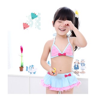 Đồ bơi bikini cho bé nơ xanh hồng kèm mũ