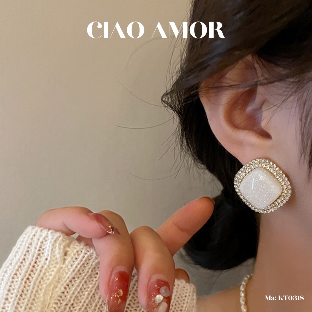 KT0318-Khuyên tai, bông tai dự tiệc sang trọng đá vân trắng Trang sức Ciao Amor