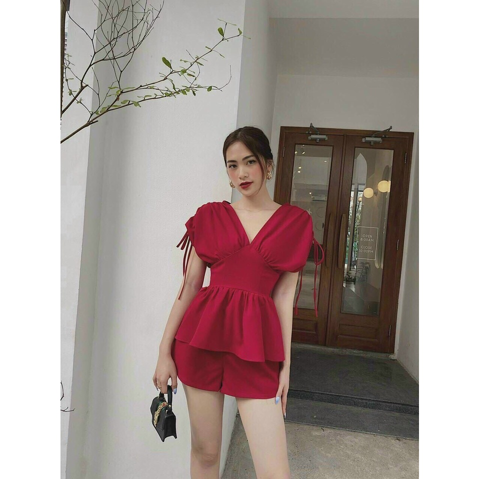 Set bộ vải for cổ chữ tay áo dây rút, set bộ hai món áo kiểu kèm quần ngắn