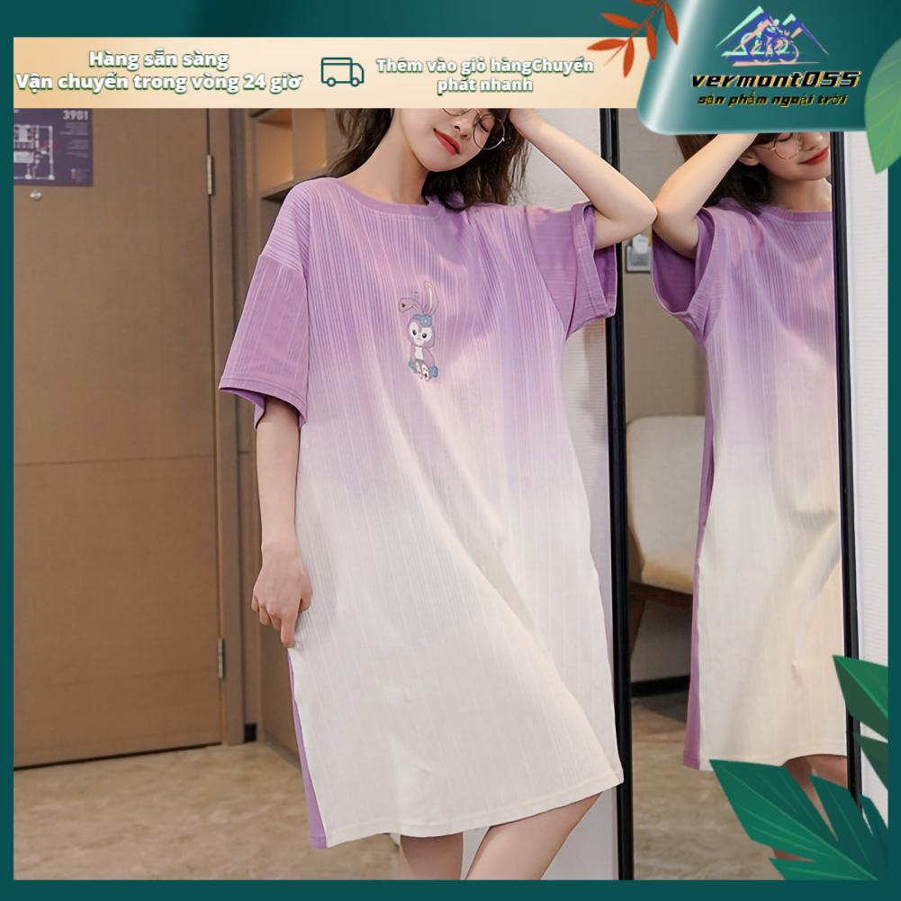 Vermont055 Váy ngủ mùa hè Thân thiện với làn da Chiều dài đầu gối Dệt kim cotton ngắn tay Áo cho phụ nữ