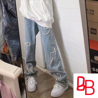 Quần jeans nữ lưng cao ống rộng thêu hình trái tim thời trang