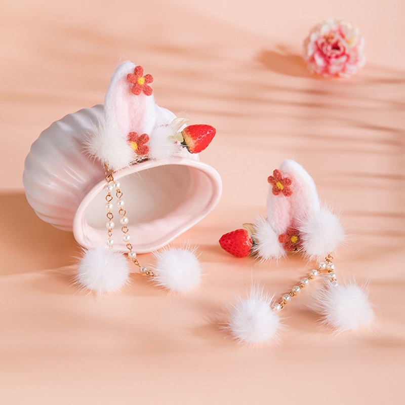 Kẹp Tóc Tua Rua Hình Tai Thỏ / Dâu Tây Đáng Yêu Dành Cho Nữ