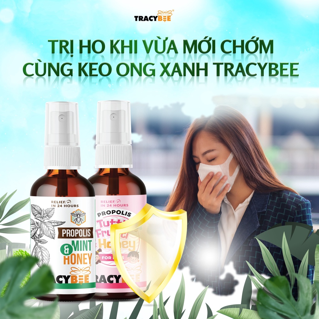 Xịt họng keo ong xanh Brazil giảm ho, viêm họng Tracybee Propolis Mint & Honey 30ml