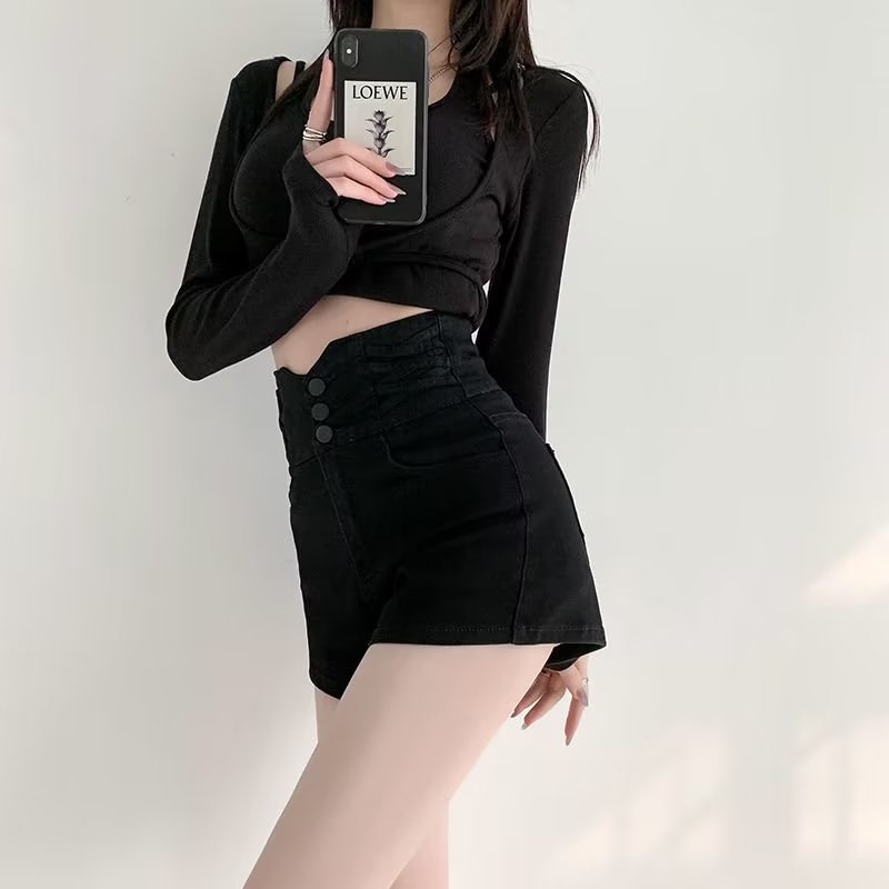 Quần Short Denim Lưng Cao Ống Rộng Theo Phong Cách Retro Hàn Quốc