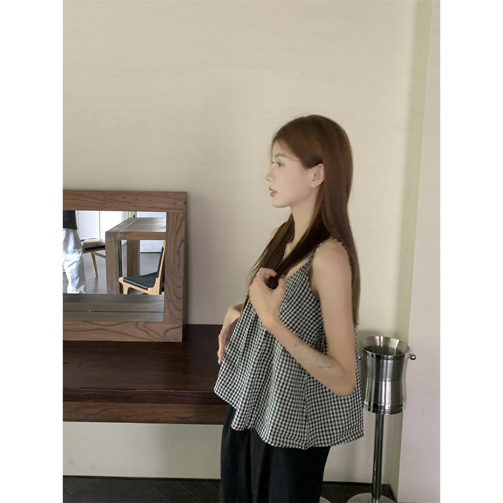 Áo Hai Dây Họa Tiết Sọc Caro Phong Cách Retro Ngọt Ngào  tao bao