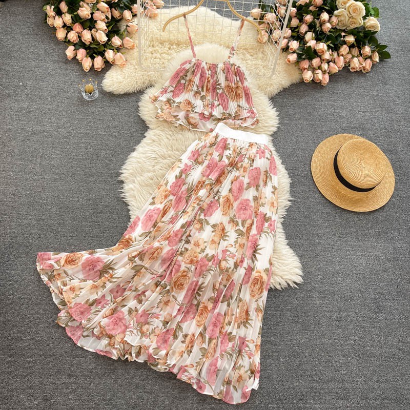Váy Maxi Đi Biển Set Váy Hai Dây Voan Hoa Cho Mùa Hè 2022