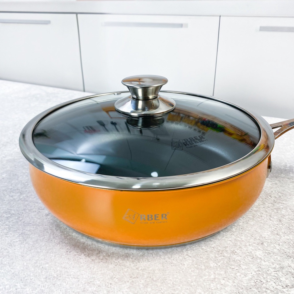 Bộ nồi chảo 5 món Arber An06smc màu cam, bộ nồi inox 304 cao cấp, bộ nồi 3 đáy siêu dày siêu chắc chăn
