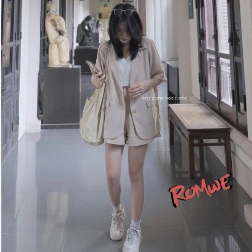 Set bộ lẻ áo vest cộc tay khuy cài phối quần short dáng ngắn trẻ trung phong cách công sở ROMWE