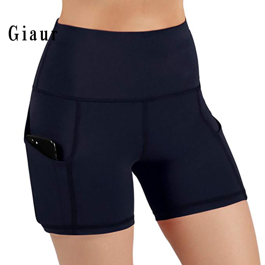 GIAUR  Sports Women High Waist Yoga Shorts Gym Running Skinny Short Pants with Pocket