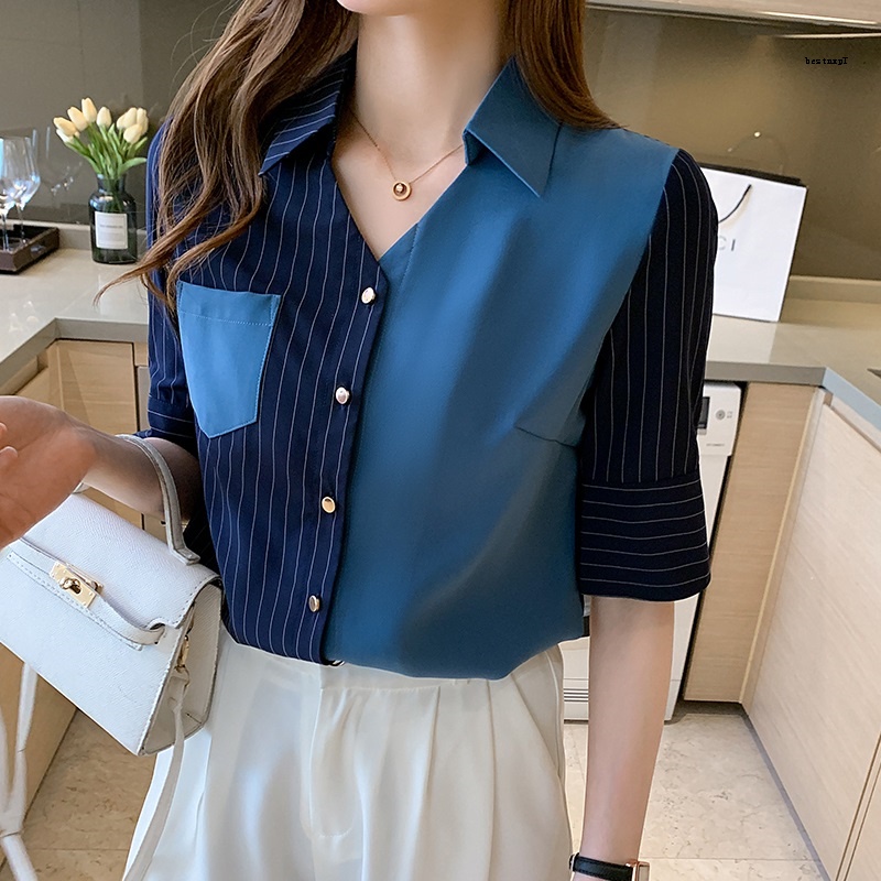 Áo Sơ Mi Chiffon Ngắn Tay Họa Tiết Kẻ Sọc Dọc Thời Trang Mùa Hè Năm 2021 Cho Nữ
